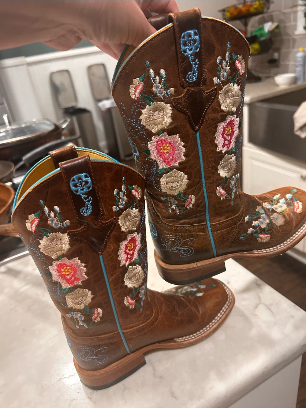 Macie Bean Embroidered Floral Kids Western Boots with Turquoise Accents